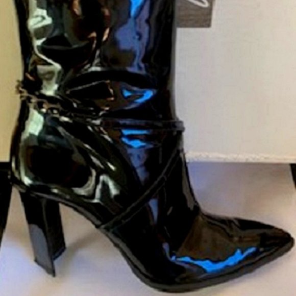 Charles Jourdan Black Leather Lacquer Boots Zip Up Sculpted Heel Sz: 6 1/2 - Picture 2 of 8